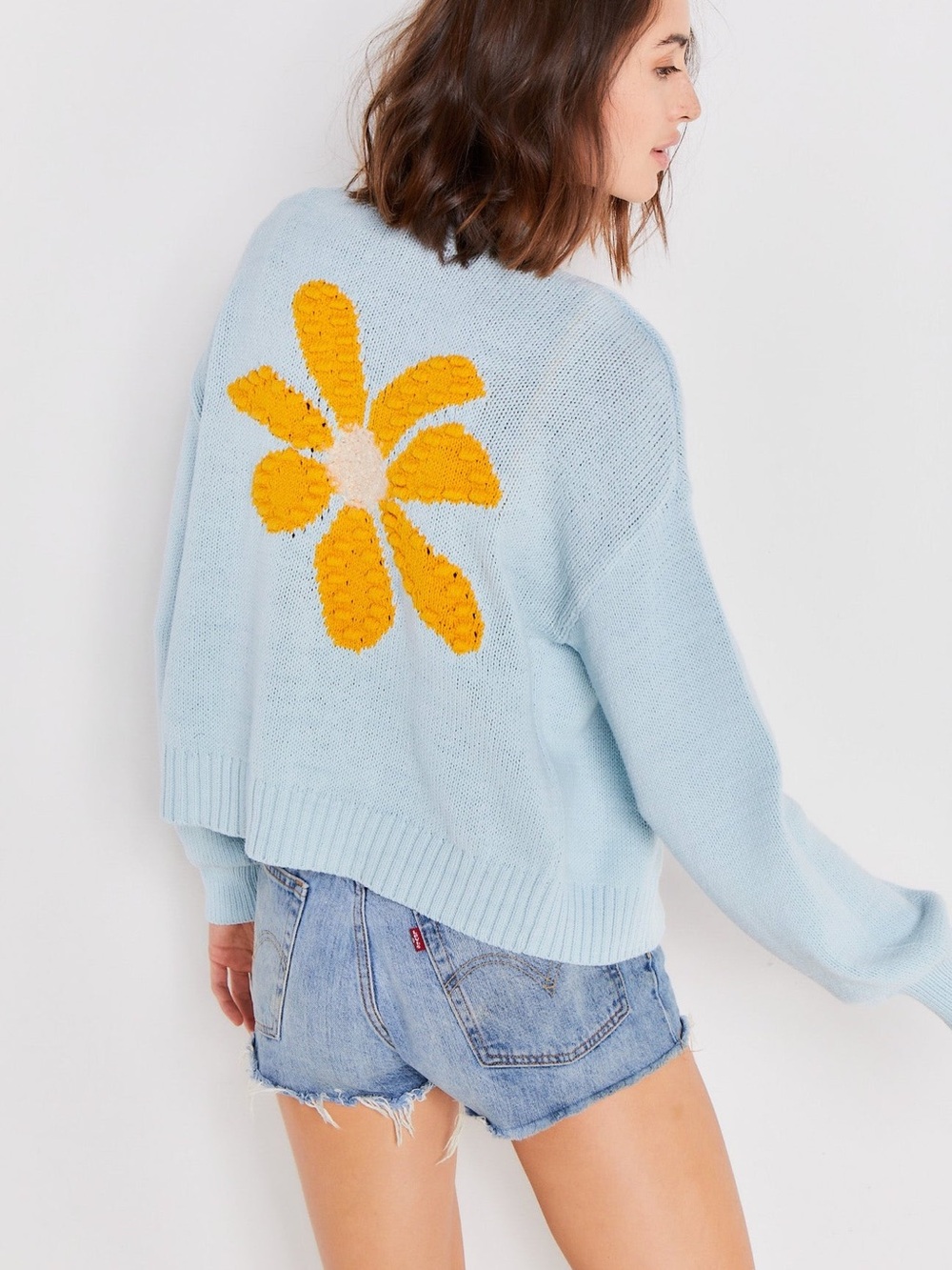 Lisa Todd - Petal Pusher - Aqua blue Daisy sweater Cardigan XS